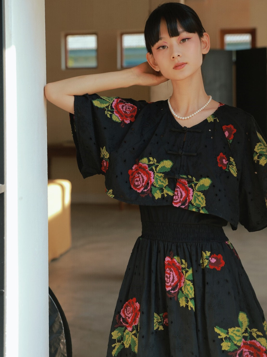 Red Peony Embroidery Improved One-piece