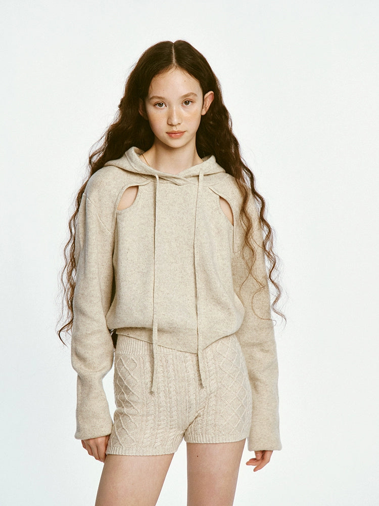 Sporty Cut-out Design Knitted Hoodie &amp; Short Pants