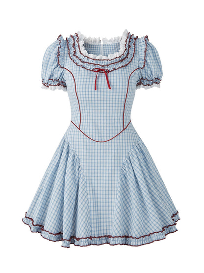 Puff Sleeves Sweet Plaid Princess Dress