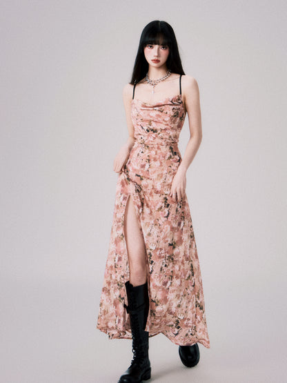 Swing Neck Backless Floral Suspender Dress