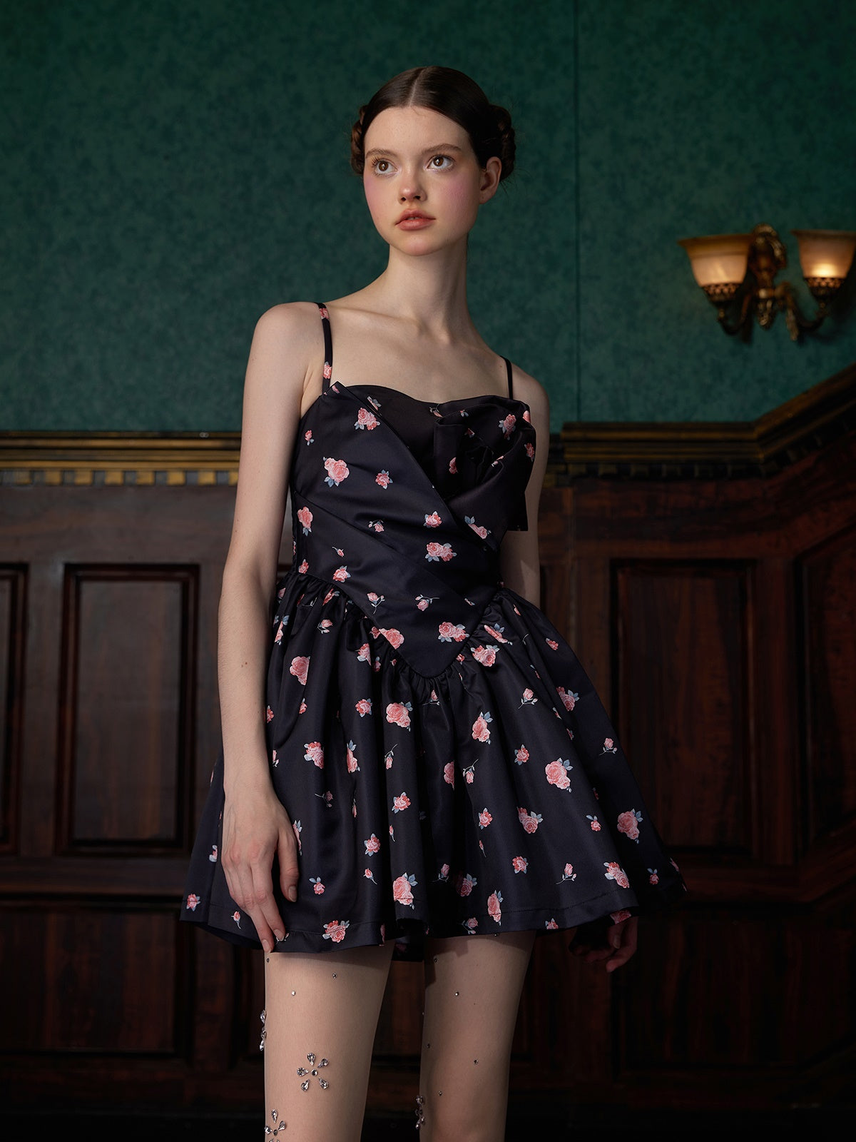 Three-dimensional Bud Floral Printed Suspender Dress