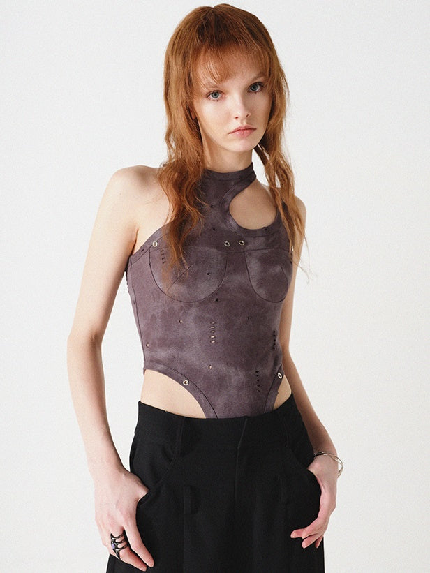 Cropped Slim Design T-shirt ＆ Cut-out All-in-one