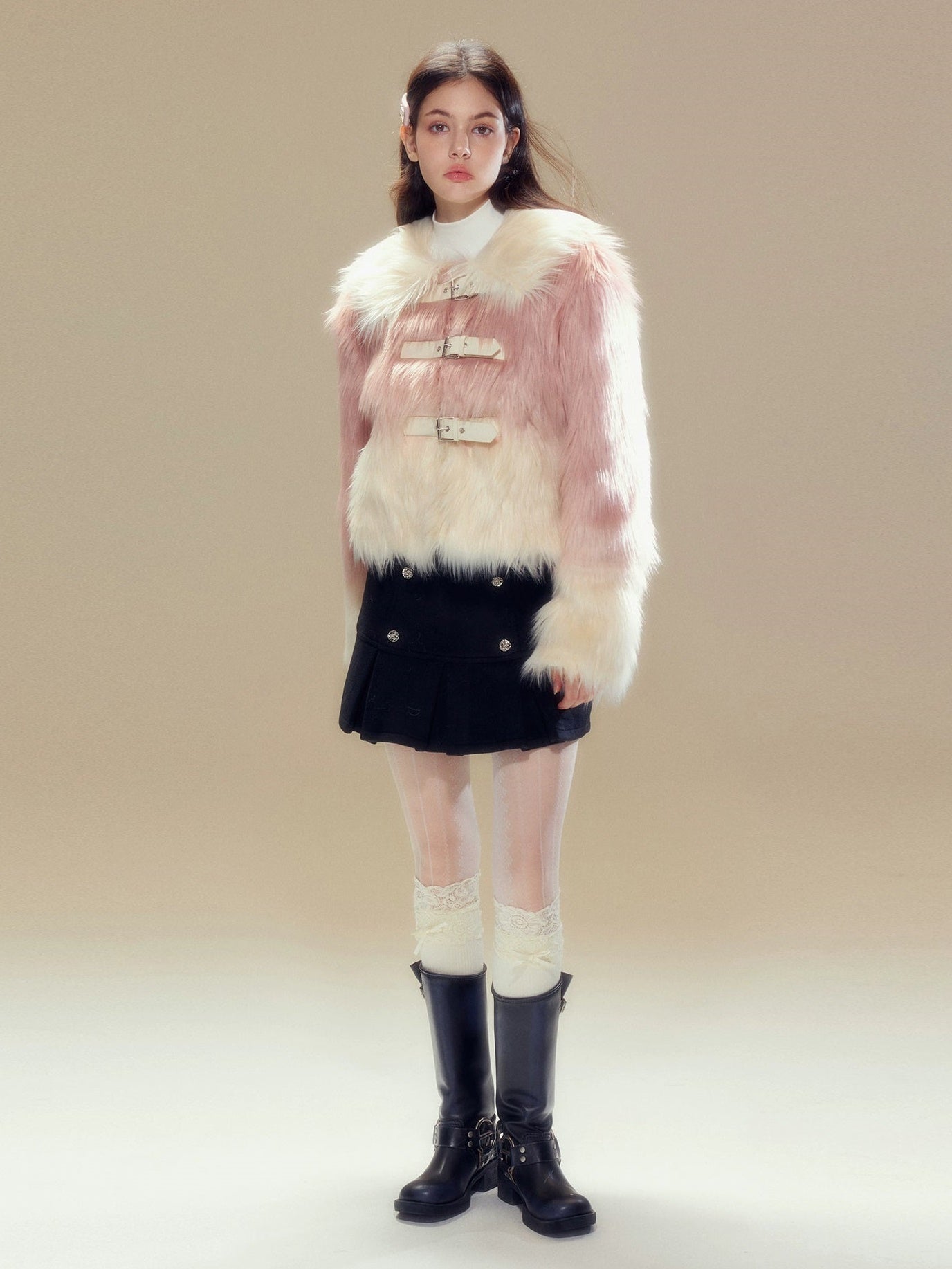 Gradient Long Hair Leather Buckle Friendly Fur Jacket