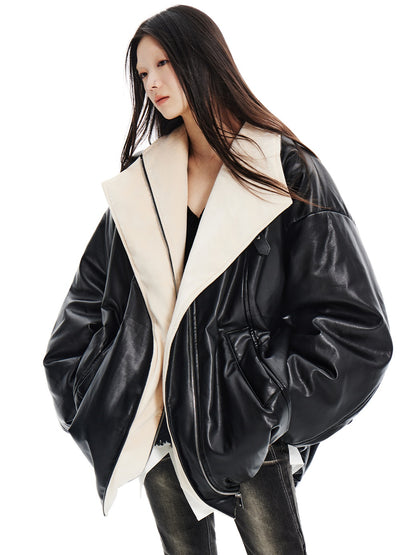 Oversize Silhouette Velvet Lined PU Leather Jacket