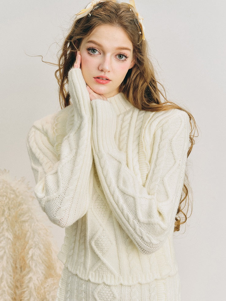 Cable Bottle-Neck Fluffy Knit Sweater ＆ Frill Knitted Skirt