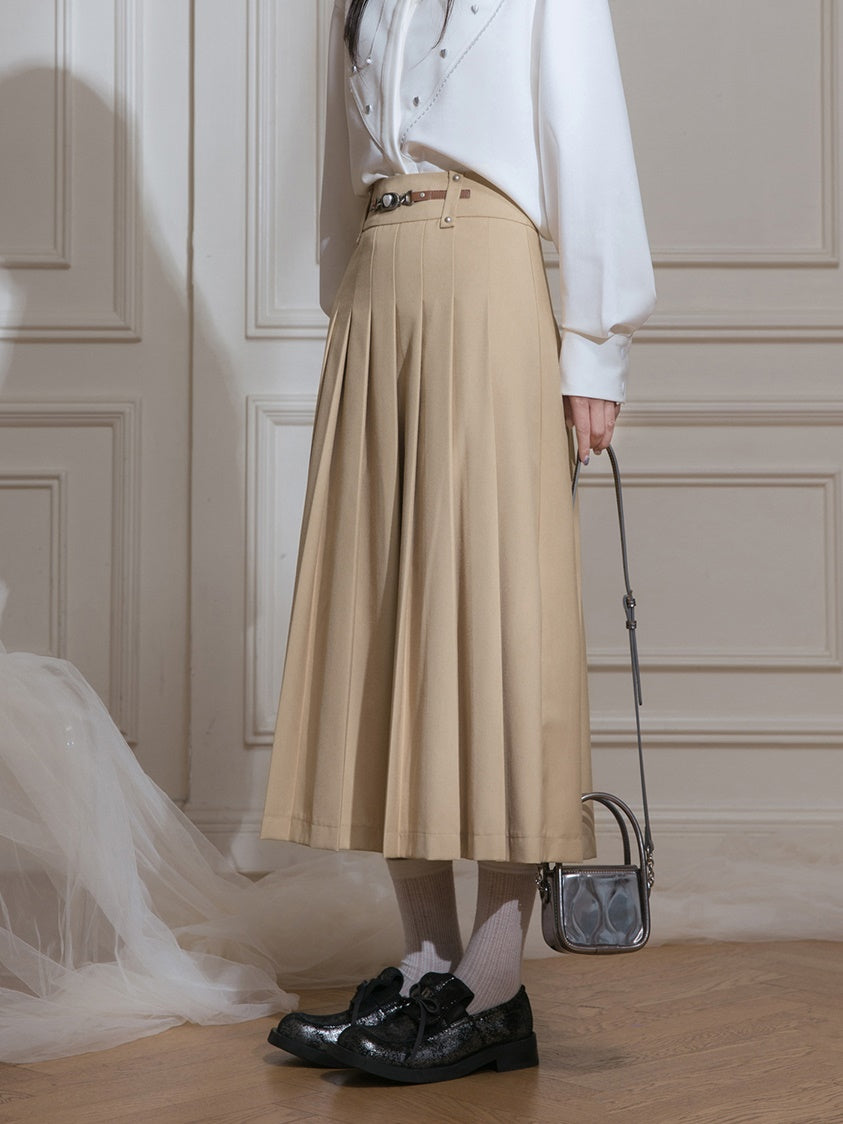 Leather Buckle Pleated Long Skirt