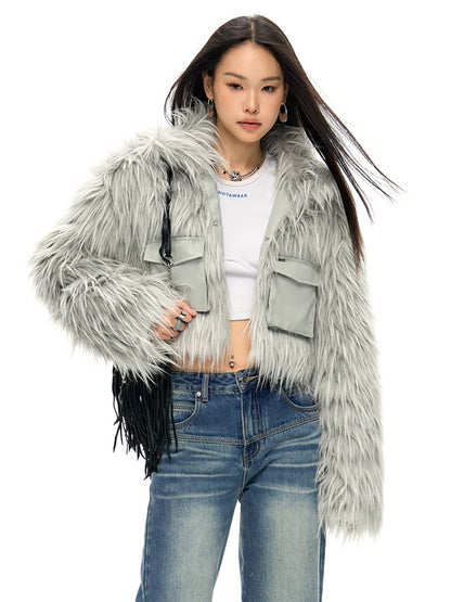 Work Pocket Long Hair Short Eco-friendly Fur Jacket