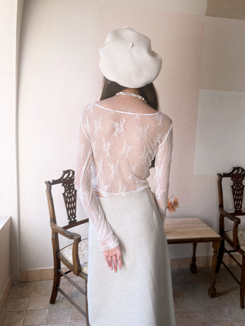 See-through Irregular Lace Long-sleeved Shirt