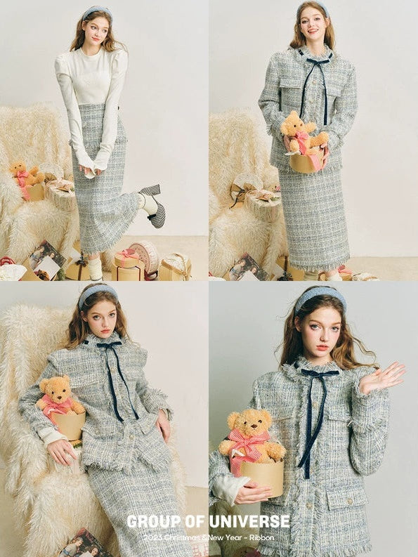 Loose Silhouette Tweed No-Collar Jacket ＆ Mid-Length Skirt