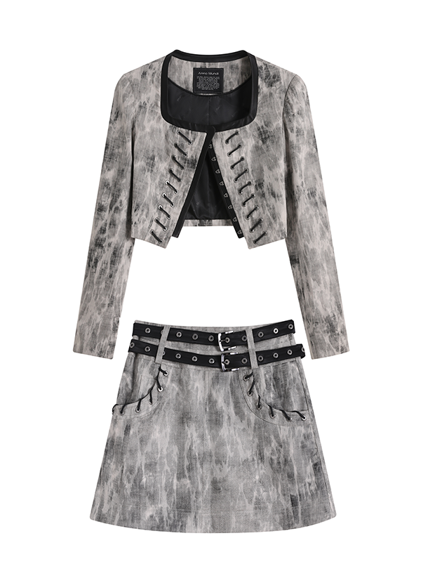 Mottled No Collar Jacket &amp; A-Line Mini Skirt