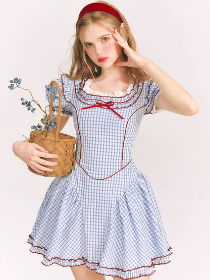 Puff Sleeves Sweet Plaid Princess Dress