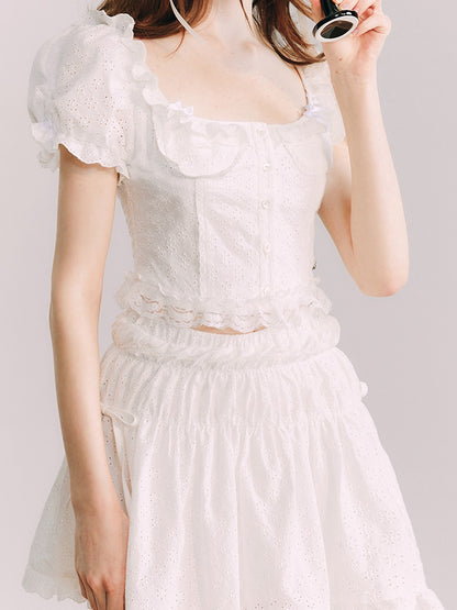 Cutwork Lace Puff Sleeve Top &amp; A-line Skirt