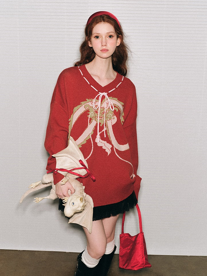 Dragon Pattern V-neck Ribbon Loose Sweater