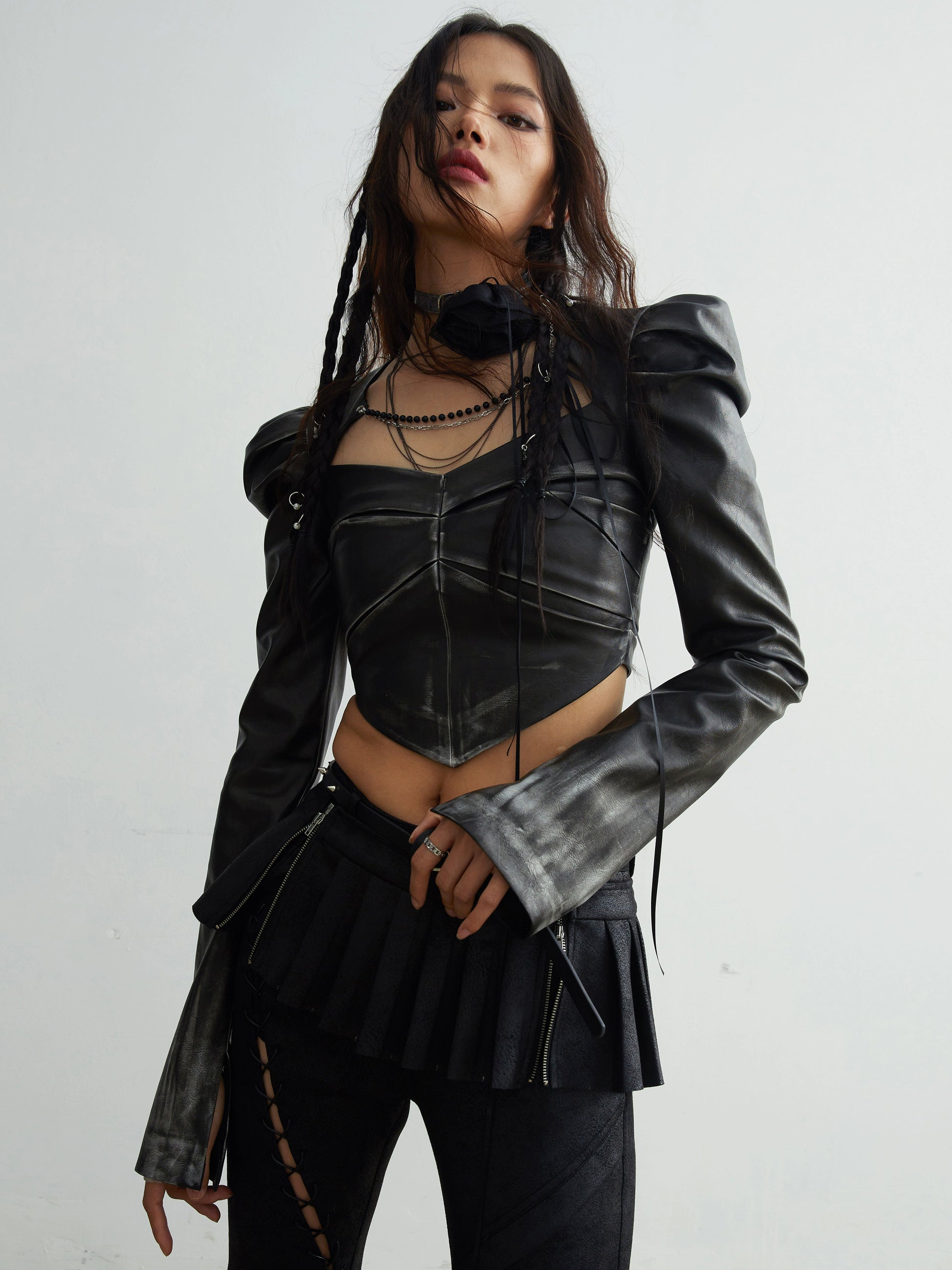 Chain Decorated Gradient Imitation Leather Short Jacket