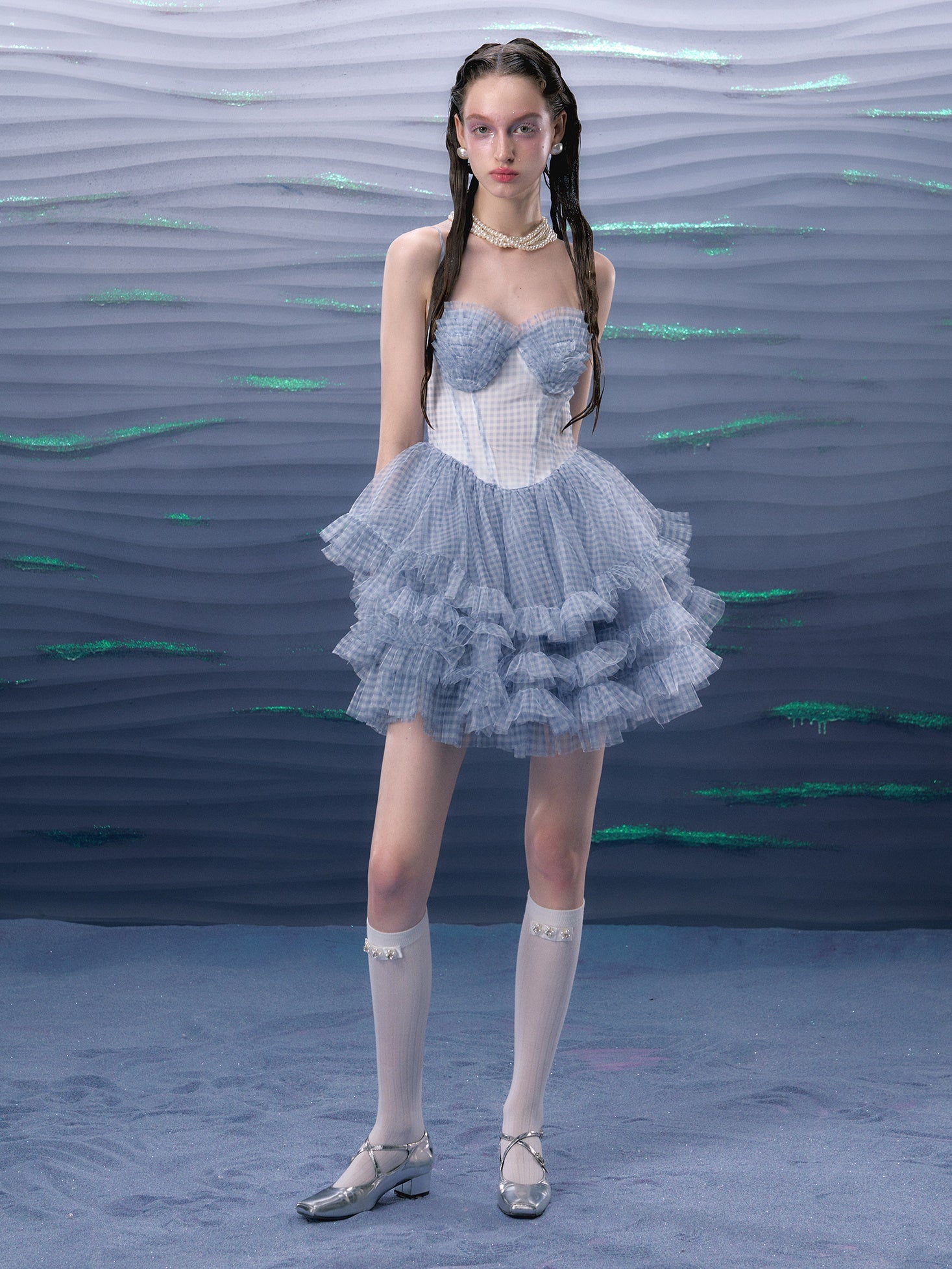 Plaid Mesh Tutu Suspender Dress ＆ Lace Pearl Corset