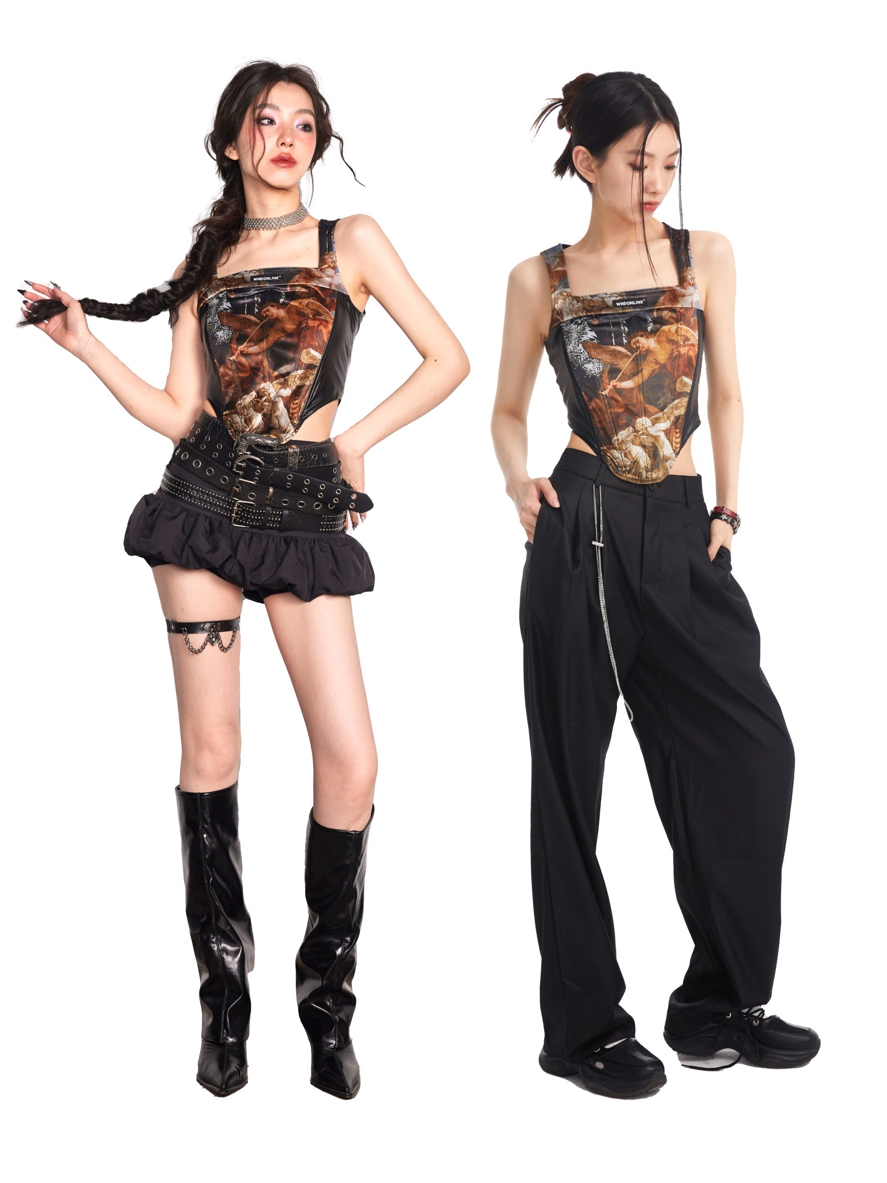 Oil Painting Printing Stitching PU Corset Camisole