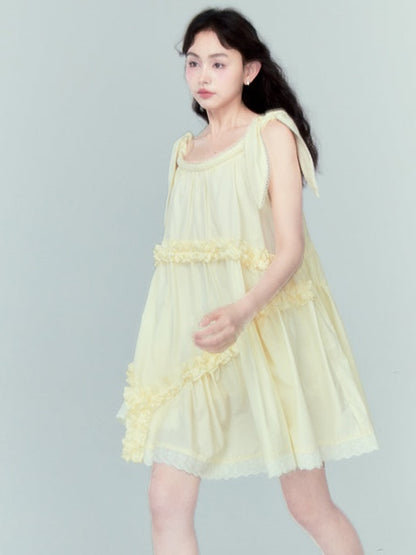 Lotus Leaf Lace Strap Irregular Frill Dress