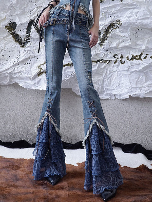 Splicing Lace-Up Flare Jeans