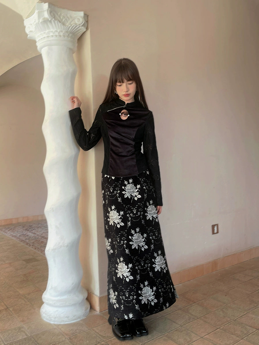 Eye Printed Velvet Long-sleeved Cheongsam Top