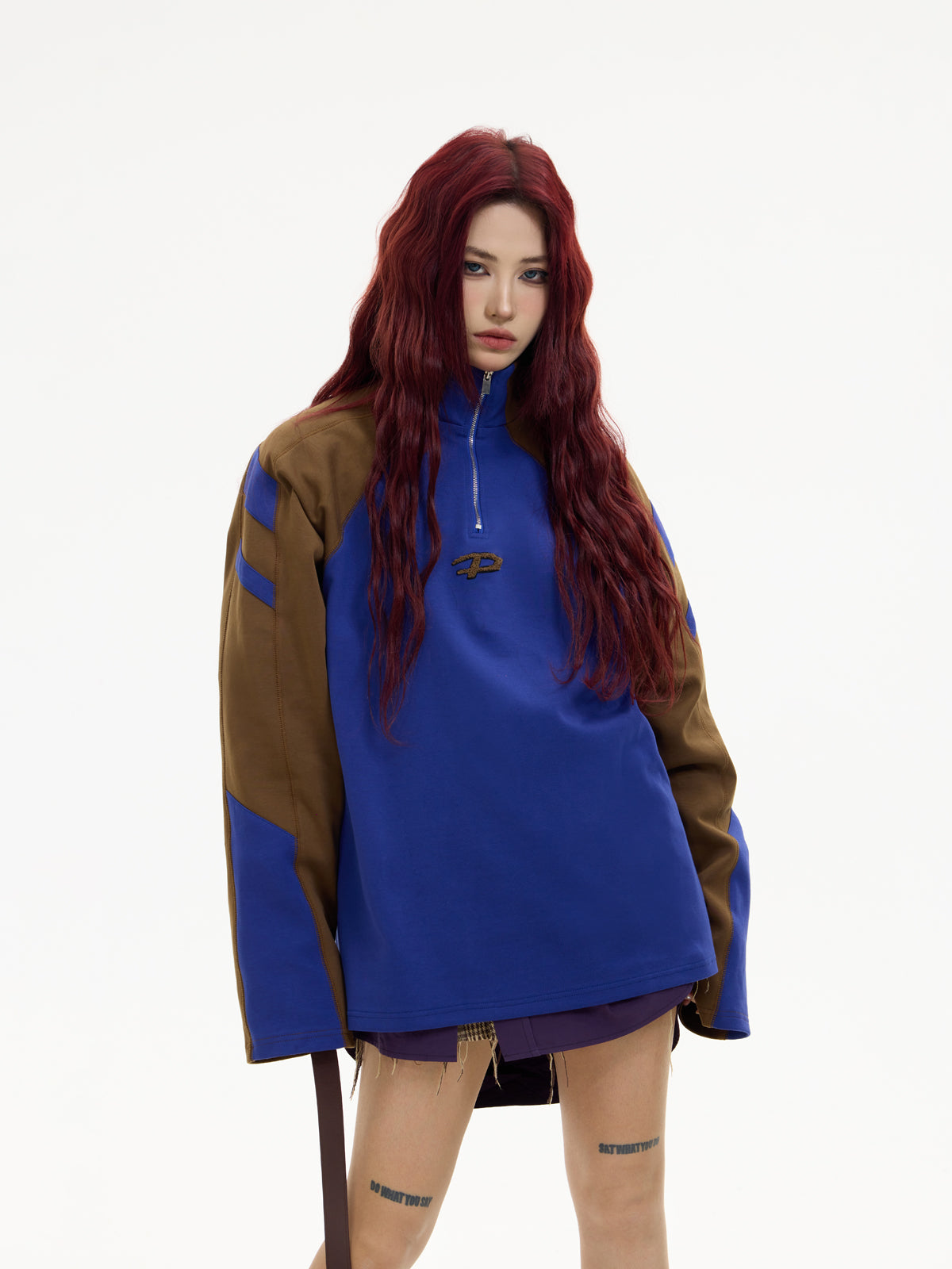 Color Contrast Half-Zipper Loose Pullover