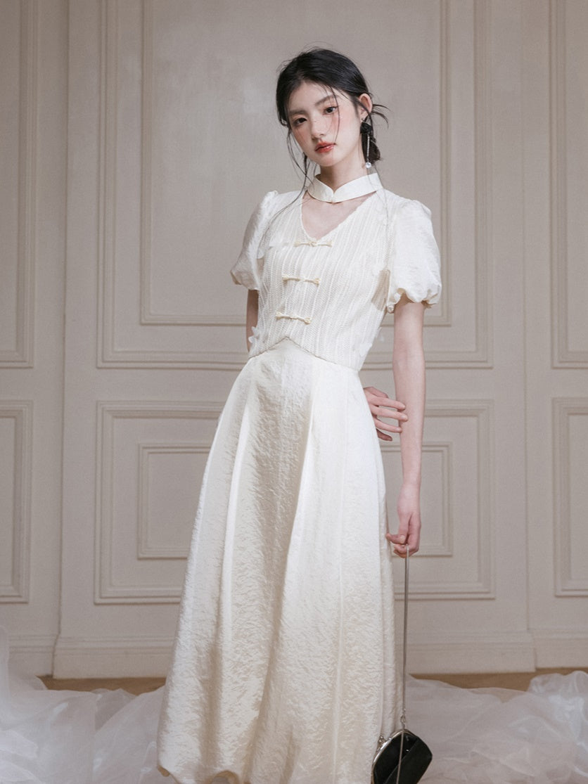 Chinese Style Flower Hollow Splicing Dress