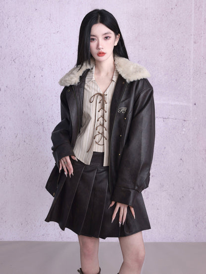 Plus Velvet Leather Jacket &amp; Pleat Skirt