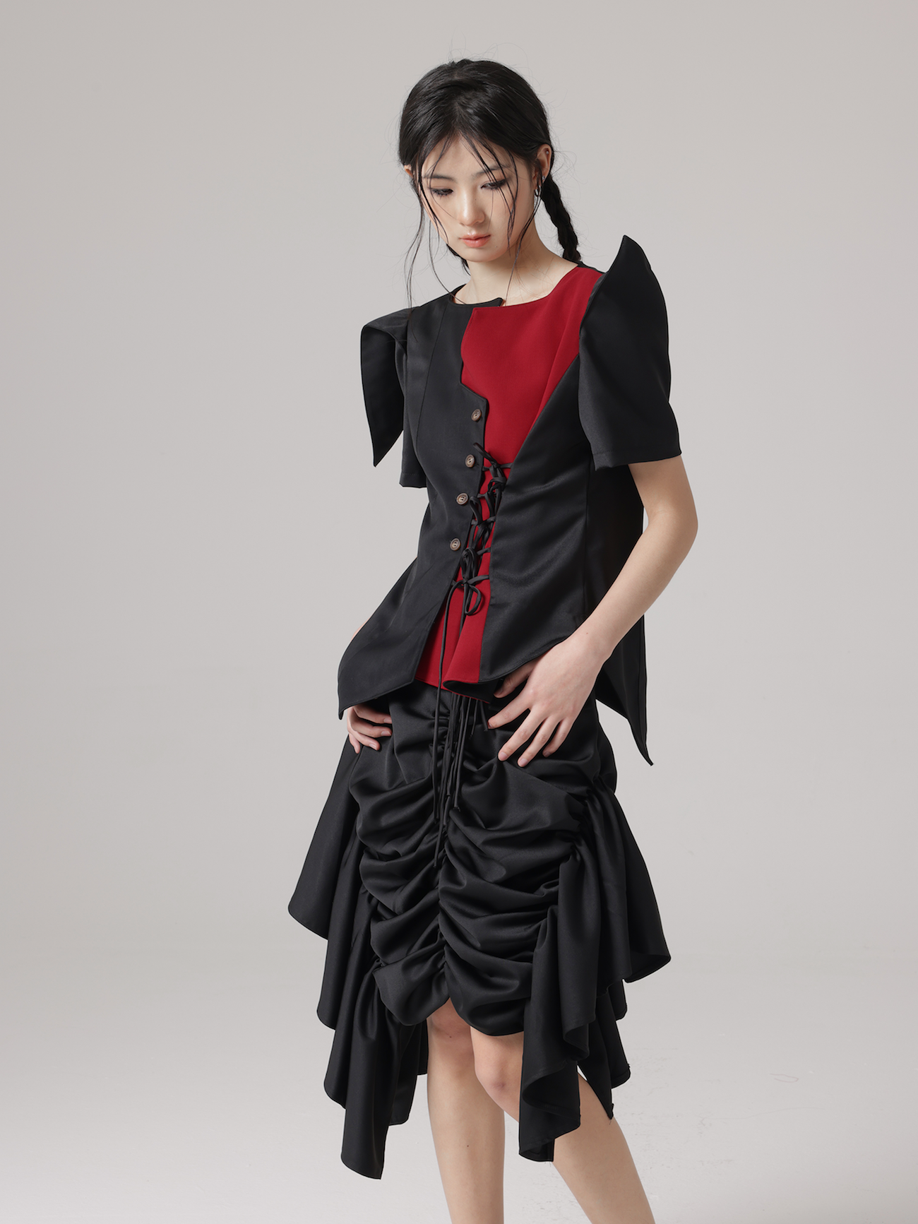 Special-Shaped Design Pierrot Shirt &amp; Asymmetry Gather Skirt