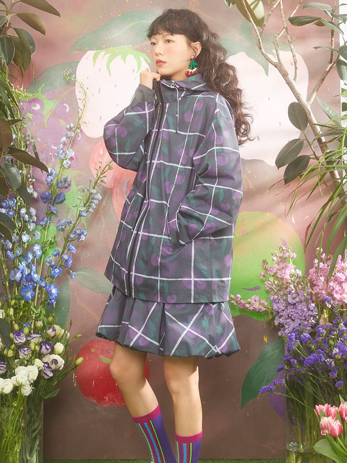 Gradient Cherry Plaid Printed Hooded Windbreaker Jacket &amp; Flower Bud Skirt