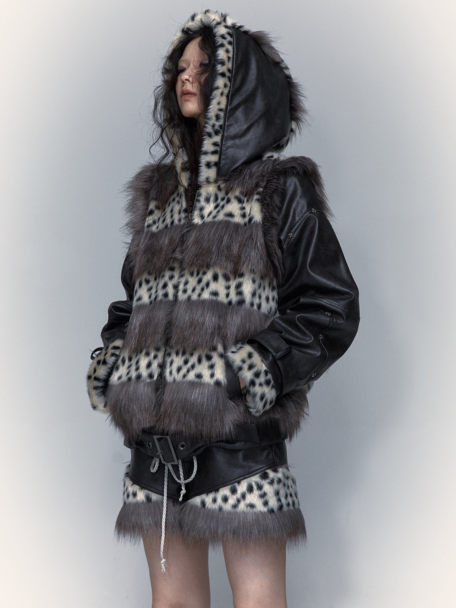 Removable Sleeve Hooded Leopard Print Eco-friendly Fur Jacket ...