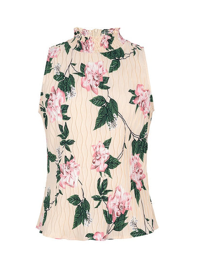 Floral Sleeveless Pleated High-necked Top