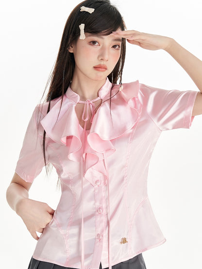 Lotus Ruffled Tie Short-sleeved Shirt