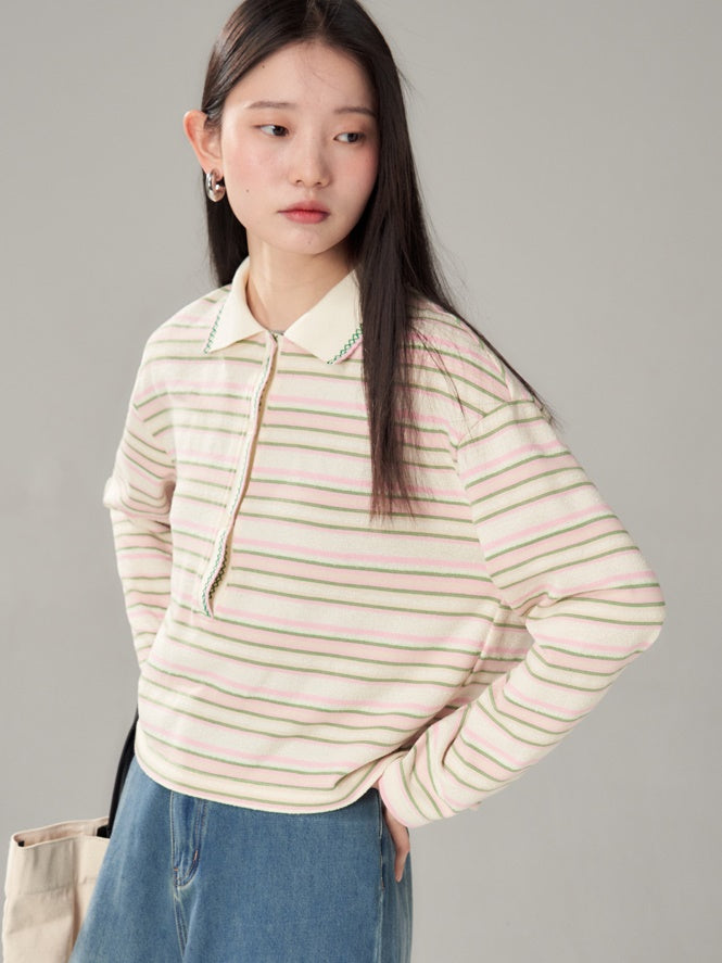 Easy Chic Grainy Texture Striped Knitted POLO Shirt ＆ Skirt