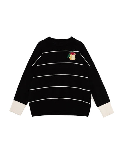 Apple Embroidery Border Round Neck Sweater