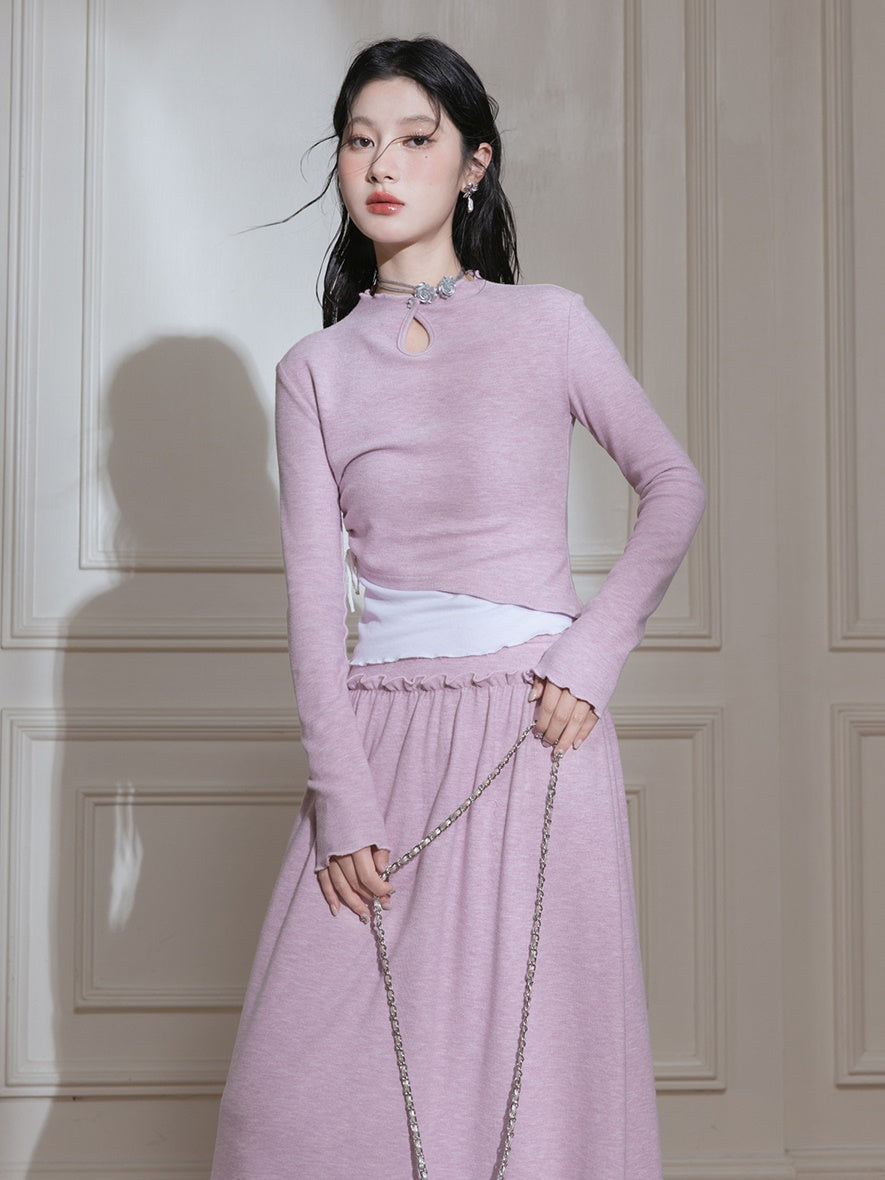 Layered Design Knitted Smocked Top ＆ Skirt Set-up