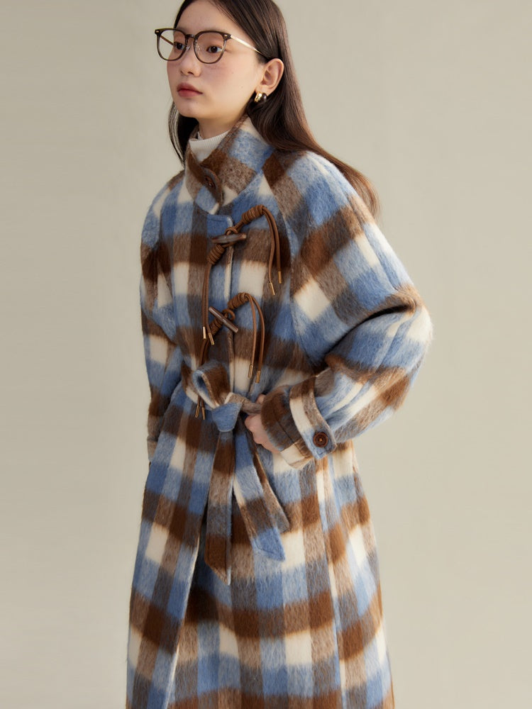 Retro Plaid Stand Collar Toggle Coat