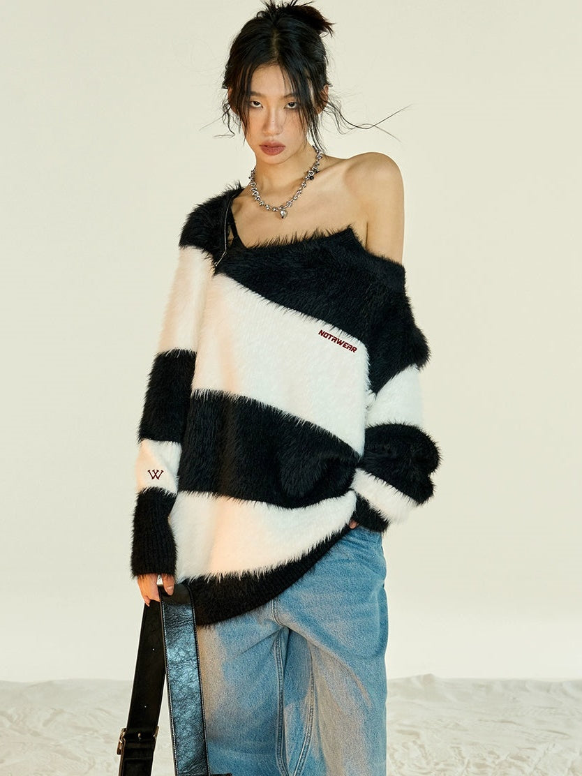 Off-Shoulder Border Fluffy Sweater