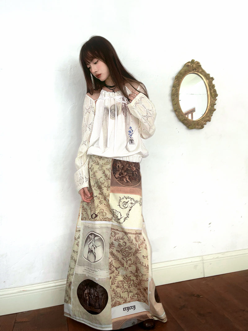 Oil Painting Angel Print Long Skirt