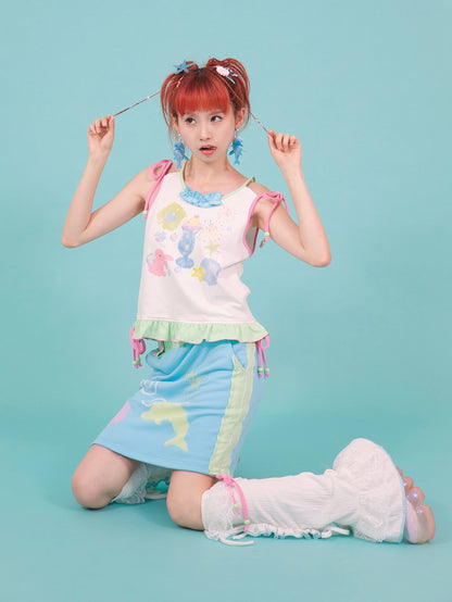 Y2K Niche Dolphin Print Fake Two-piece Camisole