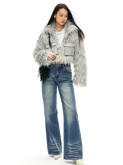 Work Pocket Long Hair Short Eco-friendly Fur Jacket