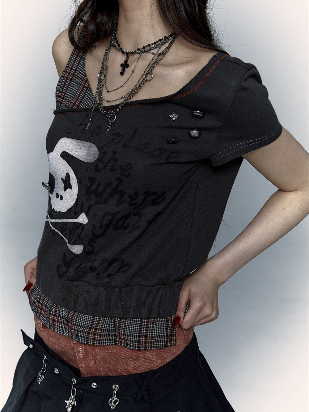 Punk Street Patchwork Plaid Fake Two-piece T-shirt