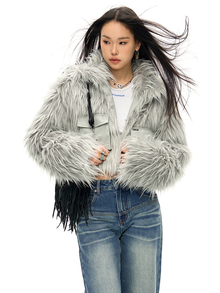 Work Pocket Long Hair Short Eco-friendly Fur Jacket