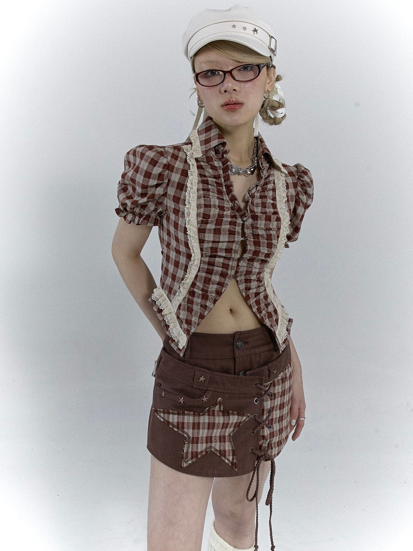 Plaid Puff Sleeve Lace Stitch Shirt