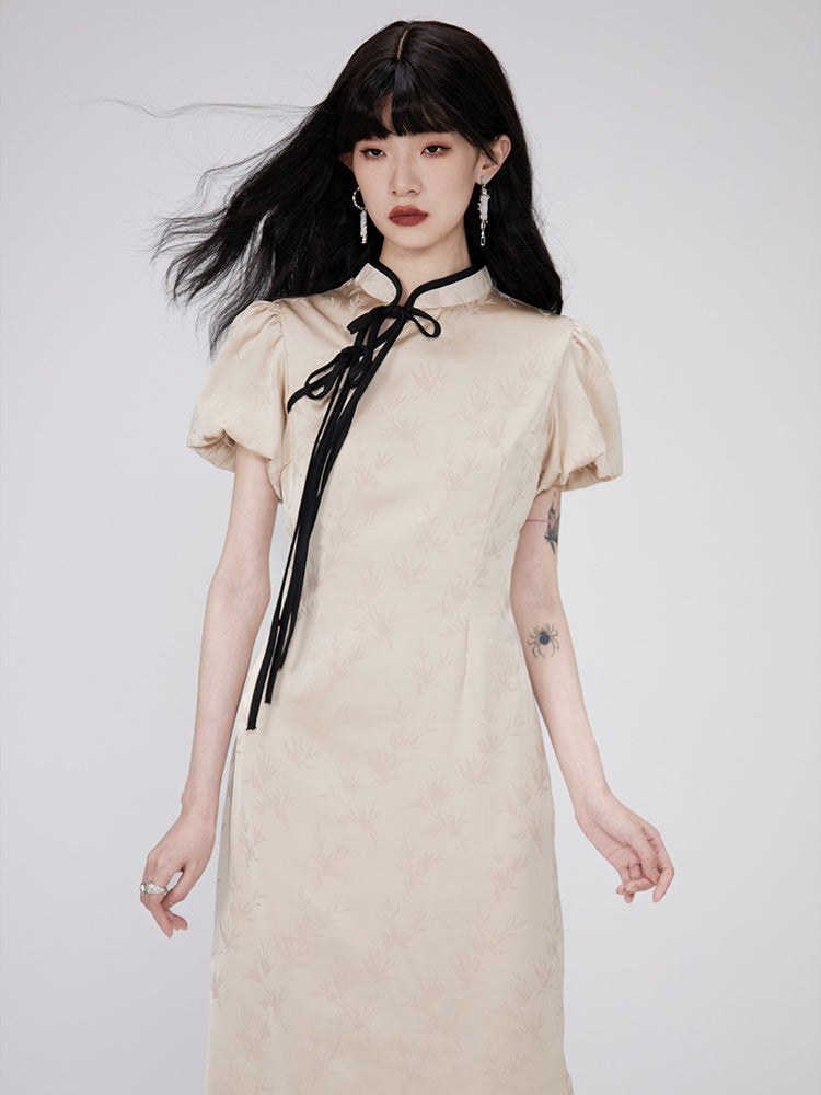 Color Trim Chinese Style Puff Sleeve Dress