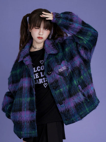 Loose Plaid Long Hair Warm Coat