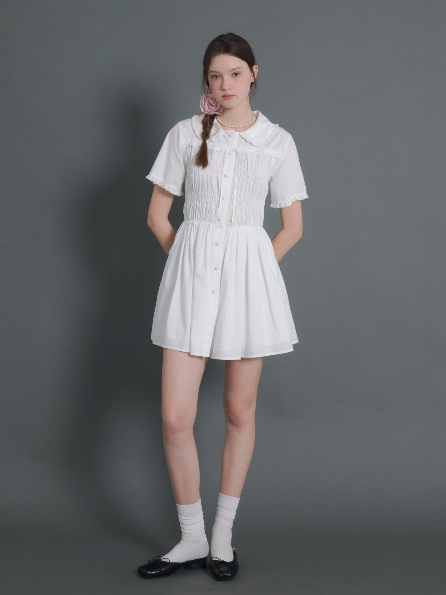 Doll Neck Gather Short Sleeve One-piece