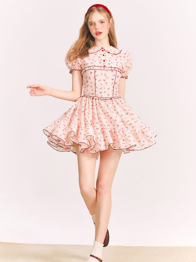 Ribbon Printed Doll Collar Dress