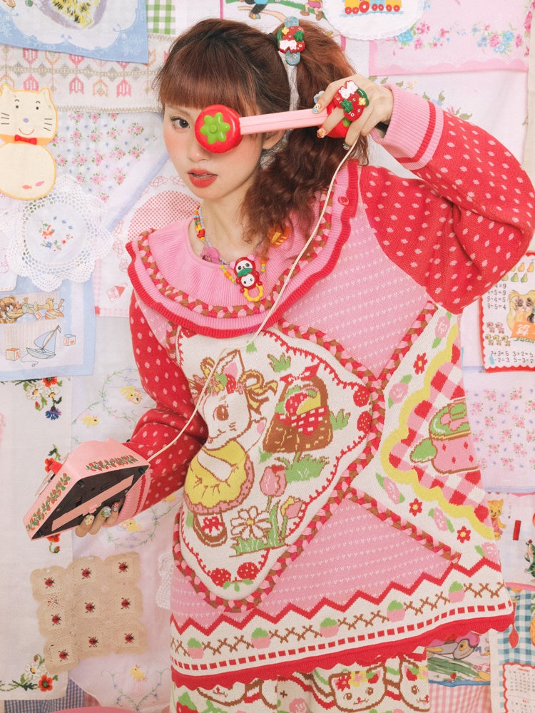 Large Lapel Cat Strawberry Jacquard Pullover Sweater