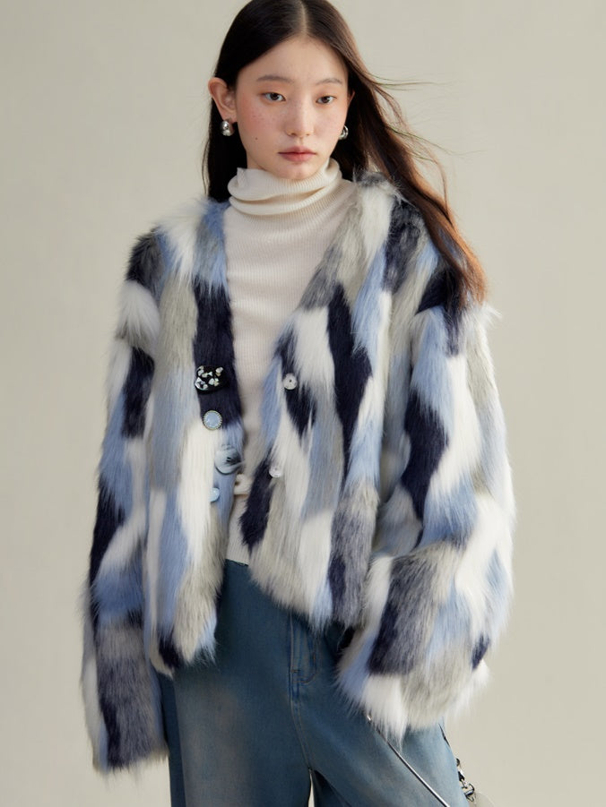 Contrast Color Eco-friendly Fur Short Furry Coat