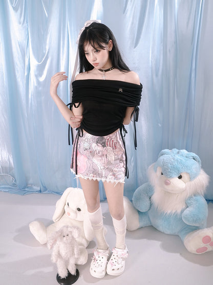 Cute Bear Print Bow Short Skirt