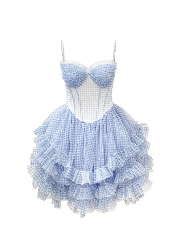 Plaid Mesh Tutu Suspender Dress &amp; Lace Pearl Corset